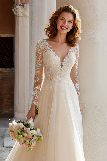 Ivoire col V dentelle trapèze appliqué tulle court traîne robe de mariée